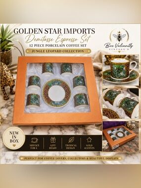 Golden Star Jungle Leopard Espresso Set 12 Pc Porcelain Cups & Saucers